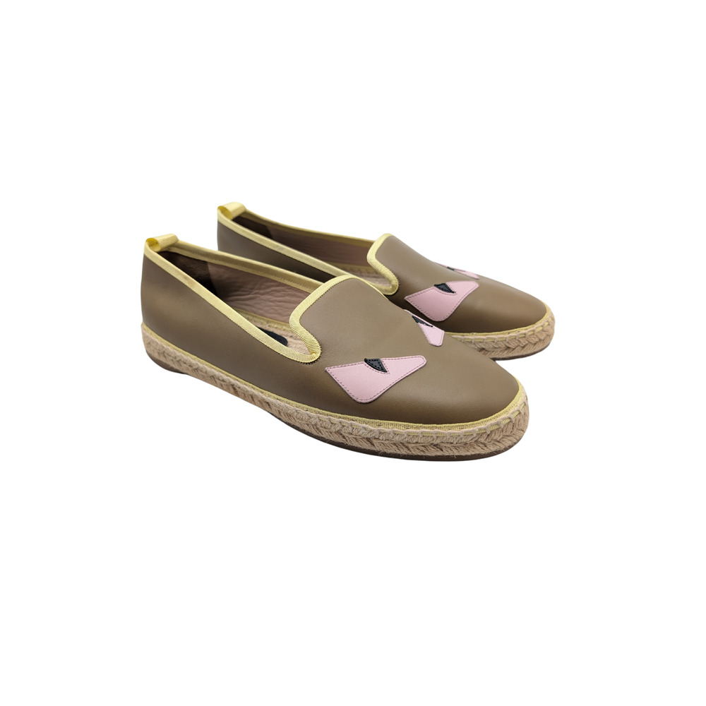 Fendi Taupe Leather Monster Bug Espadrille Flats Size 39.5